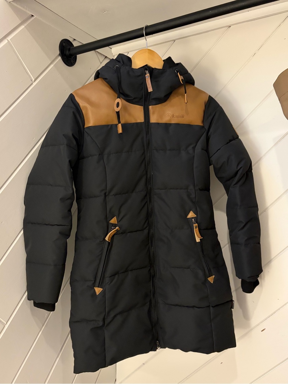 Kamik Black and Tan Long Puffer Coat with Hood